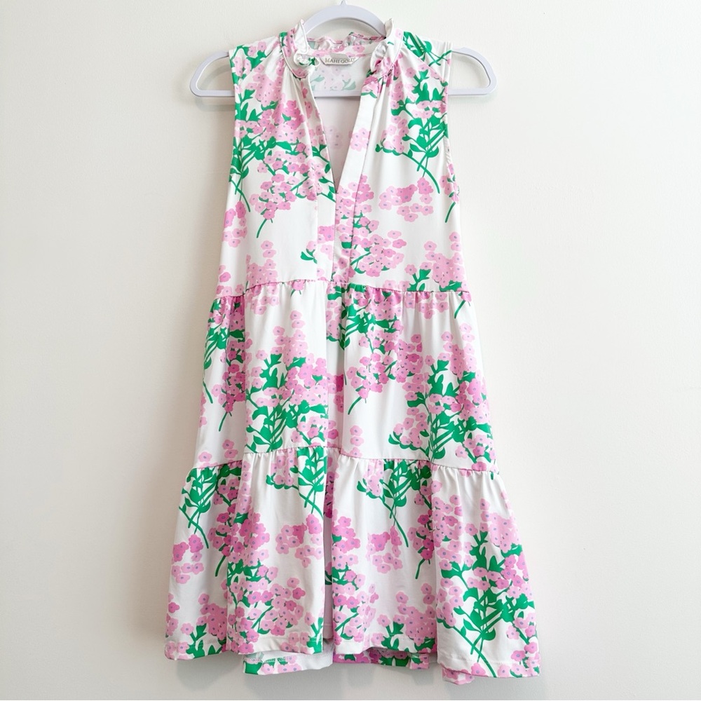 MAHI GOLD Pink and Green Cap Sleeve Ruffle Tiered Mini Sundress